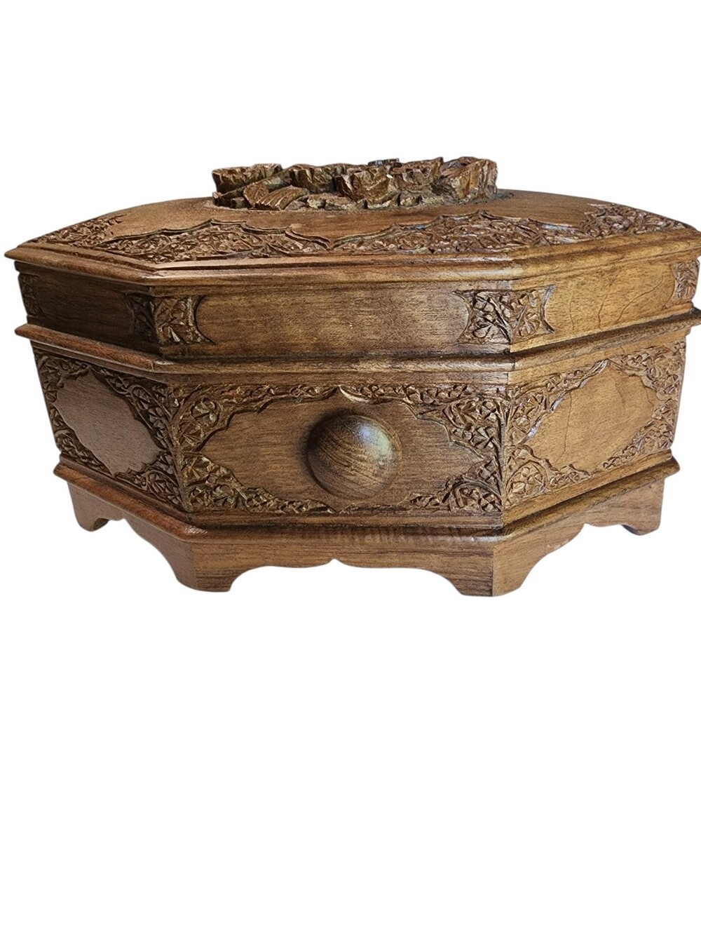 Vintage Mid Century Hand Carved Natural Wood Jewelry Box 2 Lined Layers
